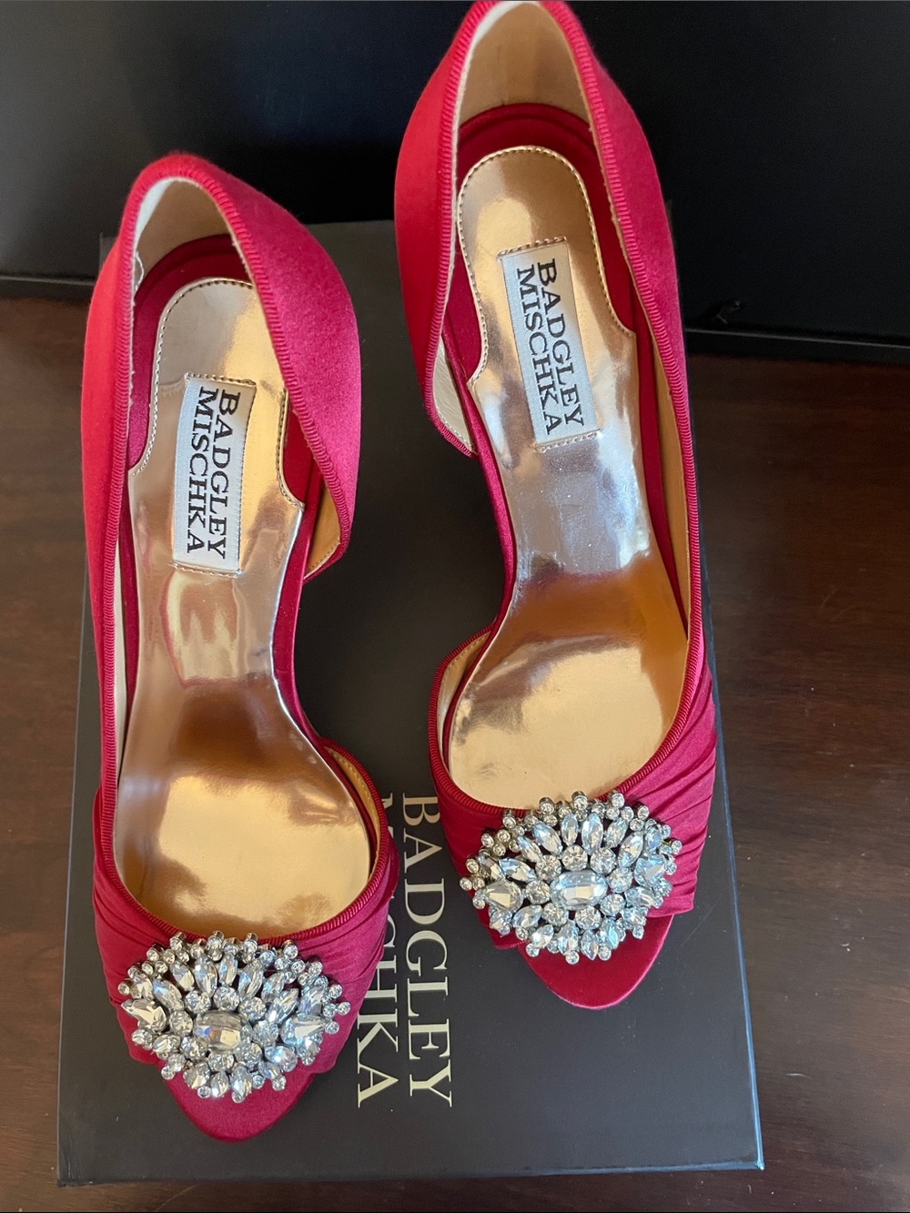 Badgley Mischka Red Satin Peep-Toe Heels with Crystal Brooch